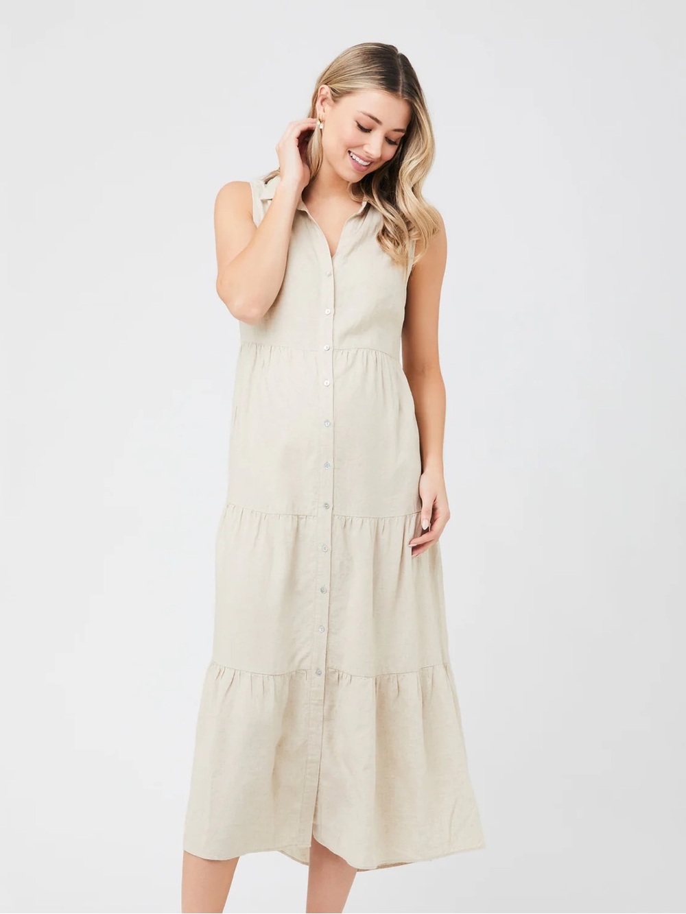 Ripe Sleeveless Button-Front Tiered Maxi Dress - Cream